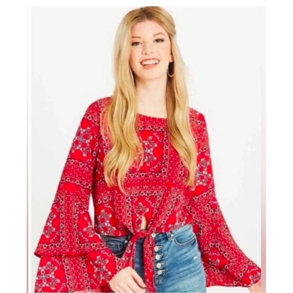 Altar'd State Red Paisley Bandana Print Tie Front Bell‎ Sleeve Crop Top XS NWT